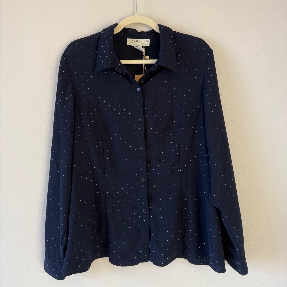 Norton McNaughton Navy Button Down Blouse with Pink Polka Dots Vintage Sz 14/L